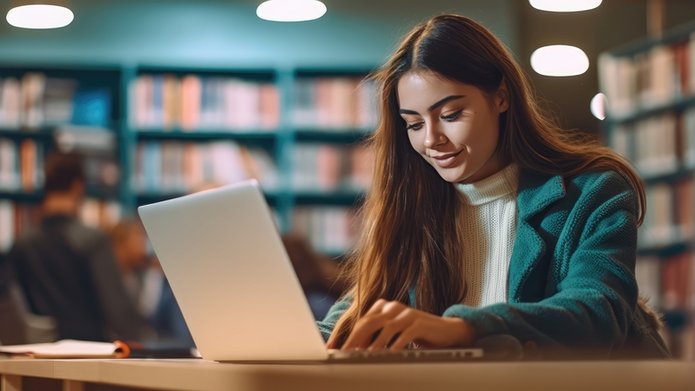 Dziewczyna siedzi w bibliotece przy otwartym laptopie.