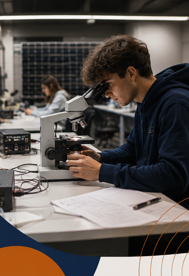Grafika przedstawia młodego studenta pracującego przy mikroskopie w nowoczesnym laboratorium wyposażonym w aparaturę badawczą i elektroniczną. Po lewej stronie znajduje się jasne, minimalistyczne tło z granatowymi i rdzawopomarańczowymi elementami geometrycznymi, nawiązującymi do identyfikacji wizualnej Wydziału. Kompozycję uzupełniają okręgi, linie i układ punktów, podkreślające naukowy i technologiczny charakter grafiki.