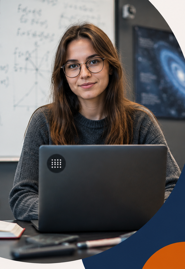Grafika przedstawia młodą studentkę pracującą przy laptopie w przestrzeni dydaktycznej. W tle widoczna jest tablica z zapisami matematycznymi i schematami naukowymi oraz ekran z wizualizacją. Lewą część kompozycji otaczają granatowe i pomarańczowe elementy geometryczne, natomiast prawa strona pozostaje jasna i przeznaczona na treść. Układ nawiązuje do nauki, fizyki, informatyki i nowoczesnej edukacji.