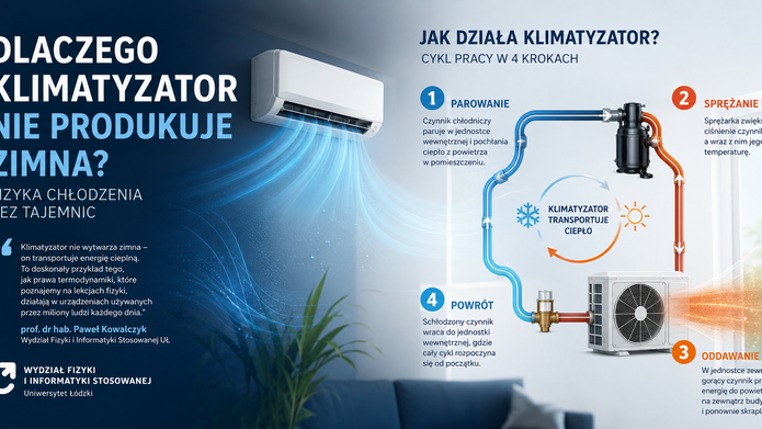 Grafika: Wydział Fizyki i Informatyki Stosowanej Infografika w poziomym układzie wyjaśniająca zasadę działania klimatyzatora. Lewa część ma ciemnoniebieskie tło z dużym tytułem: „Dlaczego klimatyzator nie produkuje zimna? Fizyka chłodzenia bez tajemnic”. Obok tytułu znajduje się nowoczesna jednostka wewnętrzna klimatyzatora zamontowana na ścianie, z której wydobywają się niebieskie smugi symbolizujące chłodny nawiew. Poniżej umieszczono wyróżniony cytat wyjaśniający, że klimatyzator nie wytwarza zimna, lecz transportuje energię cieplną zgodnie z prawami termodynamiki. W dolnej części widoczny jest fragment nowoczesnego salonu z rośliną doniczkową. Prawa część infografiki przedstawia schemat działania klimatyzatora. Pokazano zamknięty obieg czynnika chłodniczego łączący jednostkę wewnętrzną z jednostką zewnętrzną. Niebieskie przewody oznaczają chłodniejszy czynnik odbierający ciepło z pomieszczenia, a pomarańczowe – gorący czynnik transportujący ciepło na zewnątrz. Na schemacie zaznaczono sprężarkę oraz kierunek przepływu czynnika za pomocą strzałek. Proces podzielono na cztery etapy: (1) parowanie – czynnik chłodniczy pochłania ciepło z powietrza w pomieszczeniu, (2) sprężanie – sprężarka zwiększa jego ciśnienie i temperaturę, (3) oddawanie ciepła – jednostka zewnętrzna przekazuje ciepło do otoczenia, (4) powrót – schłodzony czynnik wraca do jednostki wewnętrznej i cykl rozpoczyna się od nowa. W centrum znajduje się graficzny symbol obiegu ciepła ze śnieżynką i słońcem oraz napis „Klimatyzator transportuje ciepło”. Grafika ma charakter edukacyjny i pokazuje, że klimatyzator nie produkuje zimna, lecz przenosi energię cieplną z wnętrza budynku na zewnątrz.